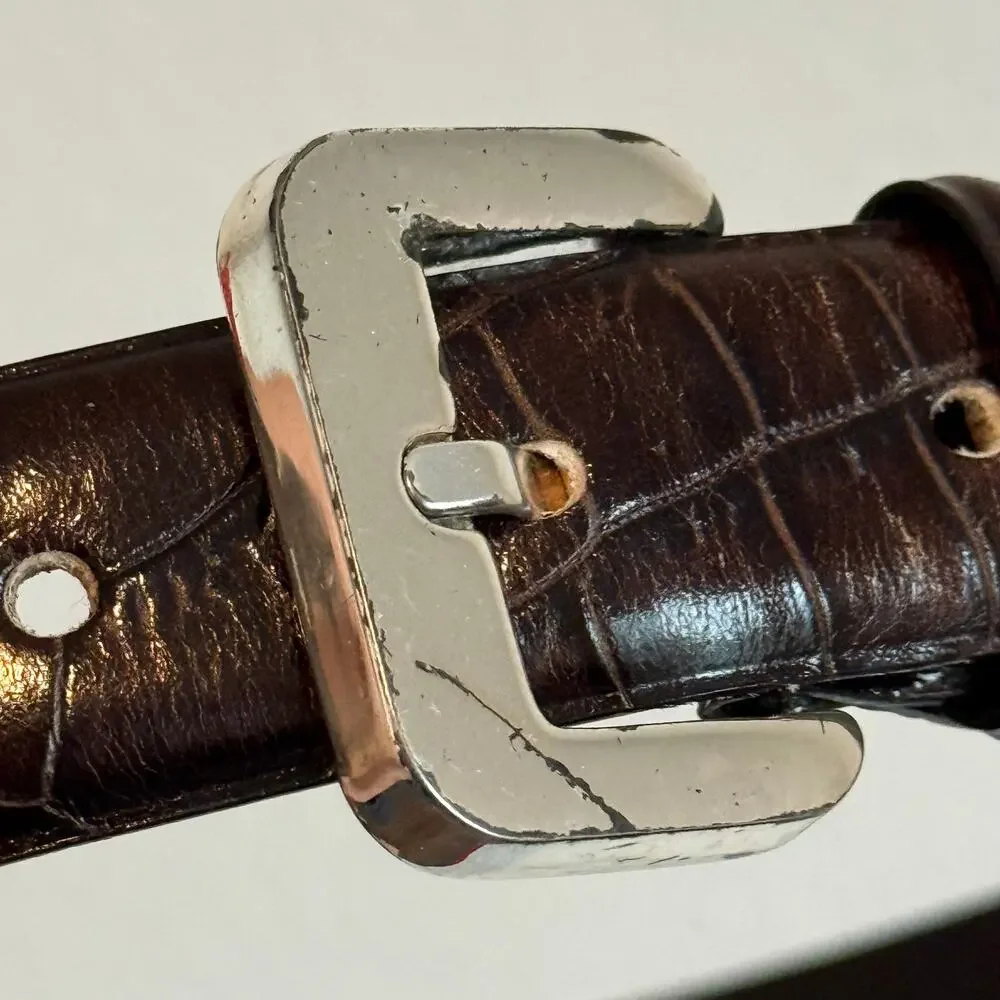 Vintage Ann Taylor Dark Brown Croc Embossed Leather Belt Silver Metal Buckle S